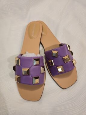 Marc Fisher Bamer sandals featuring a vibrant violet with Gold toned studded